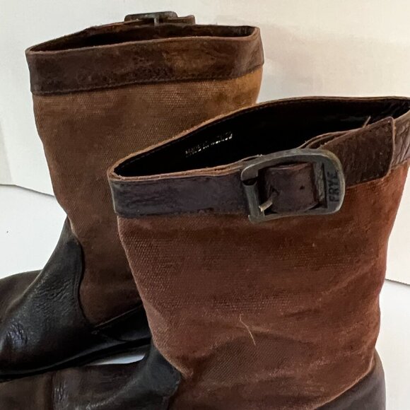 Frye Paige Short Riding Boots Brown Canvas & Leather Pull On Mid Calf 6.5 (READ) - Picture 3 of 15